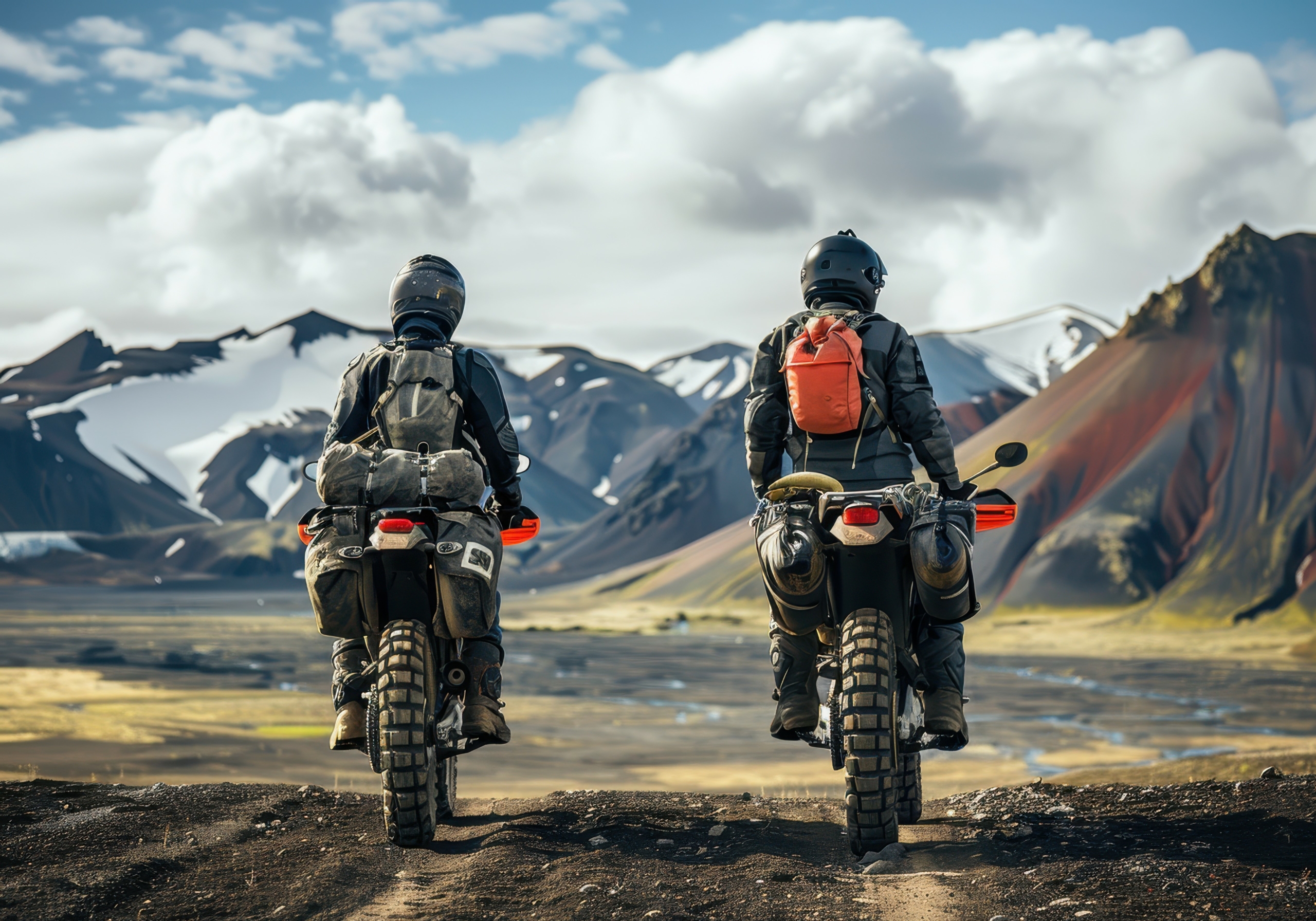 Two enduro motorcycles parked on a desert dirt road in Iceland surrounded by mountains Off road travel and extreme lifestyle